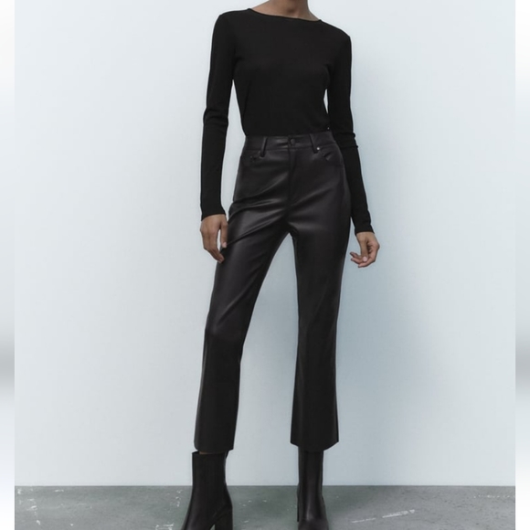 ZARA FLARED FAUX LEATHER  Pants BLACK Size 2 - Picture 10 of 11